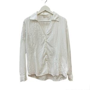 Whitewash 100% Cotton Size XL White Floral Embroidered Striped Button-Down Shirt